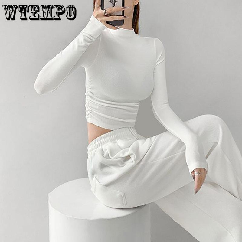 Ins Плиссированные трикотажные рубашки Ins с высоким воротником, женские эластичные тонкие тонкие короткие джемперы с длинными рукавами внутри