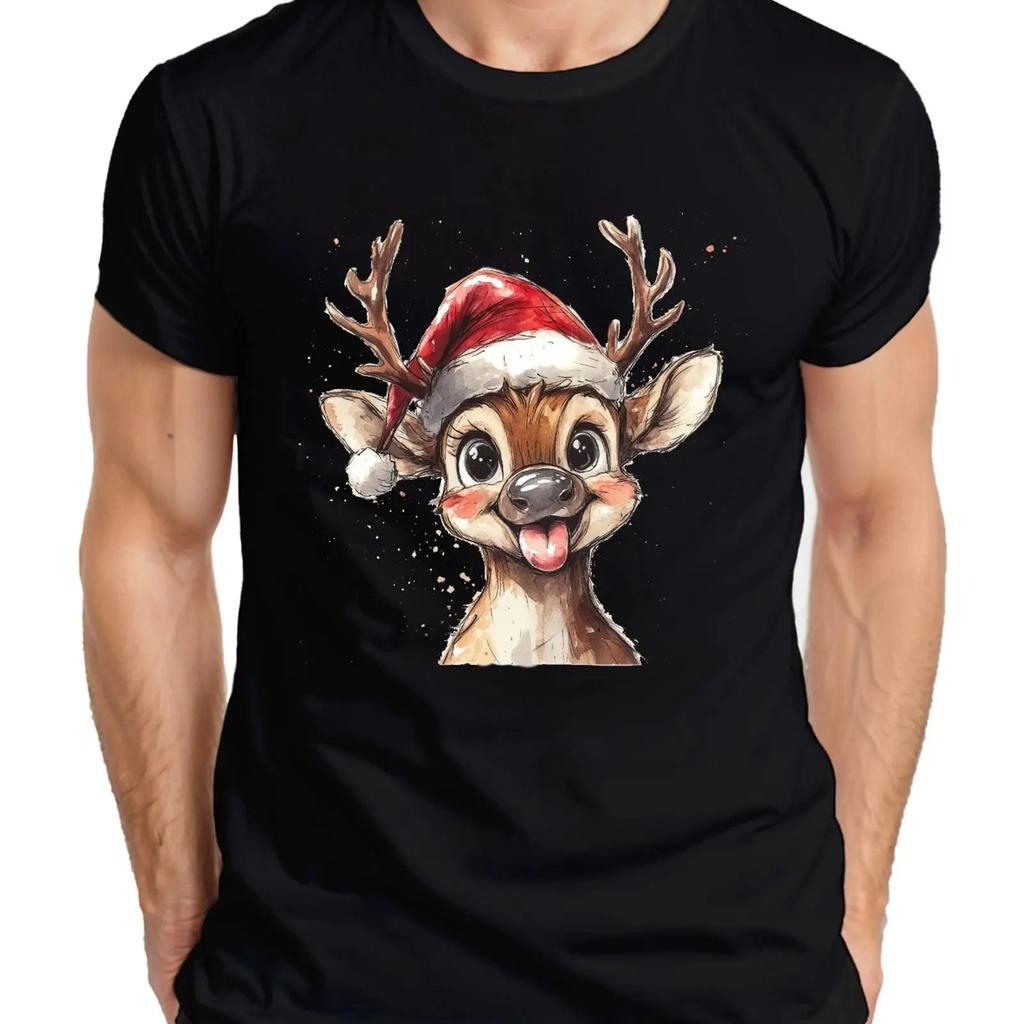 Christmas Reindeer Funny Tongue Cute Kids Cartoon Unisexs T Shirt Vintage Fashion Stretched Casual Top For Everyday Wear