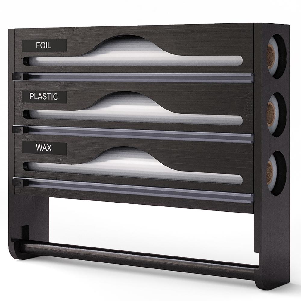 Бамбуковая коробка-диспенсер для пищевой пленки и фольги с отсеком и резаком, кухонный органайзер, аксессуары, интегрированный держатель для бумажных полотенец