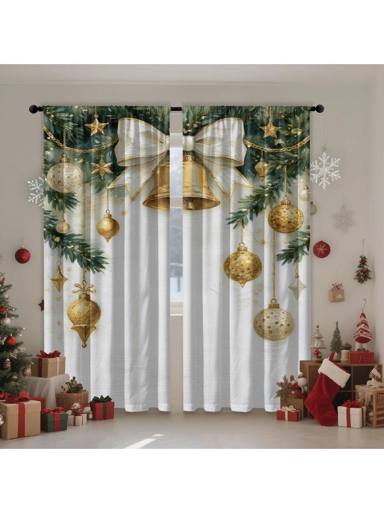 2 шт. Роскошные золотые рождественские шторы с орнаментом и бантом, Дизайн для светоблокировки, Премиальный материал, Подходят для Ч