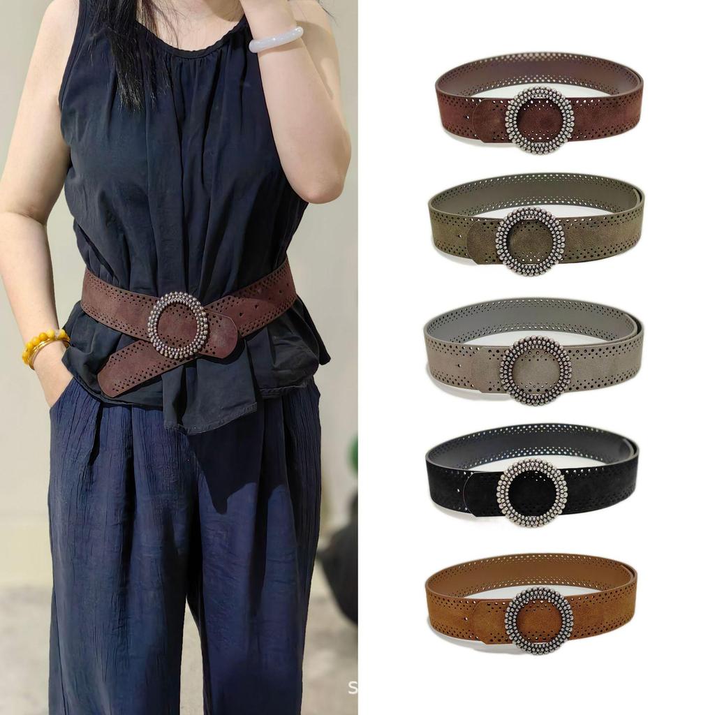 Женский широкий замшевый ремень с круглой пряжкой - Универсальный модный аксессуар для юбок и пальто