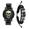 Skull Watch with Bracelet Analog Skeleton Watch with Waterproof Leather Strap and Black Quartz Movement Perfect Gift for or Boyfriend Men's Set -