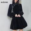 Cheongsam Darlingaga Vintage Elegant Gothic Dark Bow Velour Black Dress Autumn Winter Chinese Style Pleated Dresses Party Diamonds Clothes