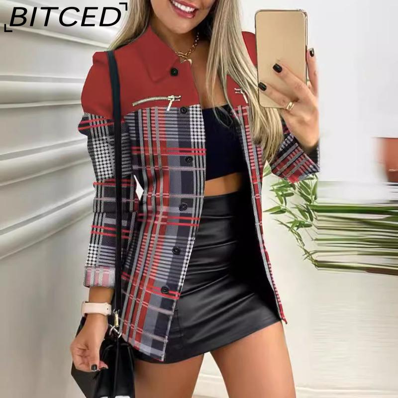 BITCED Женские винтажные повседневные куртки и пальто с решетчатым принтом, осенне-зимние куртки-поло с длинными рукавами и воротником