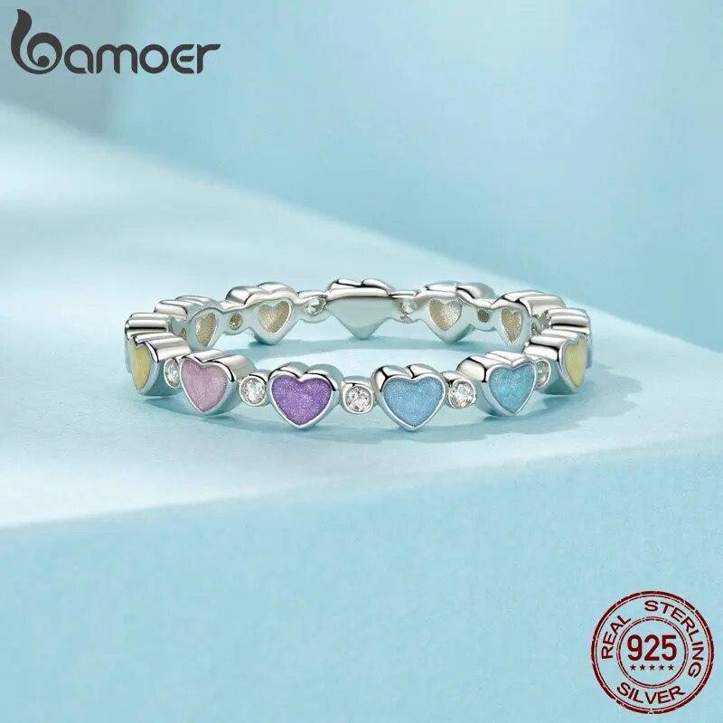 BAMOER Стерлингового Серебра 925 пробы Радужное Сердце Кольцо на Палец Штабелируемое Цирконовое Кольцо для Женщин Модные Модные Ювелирные Изделия Подарок