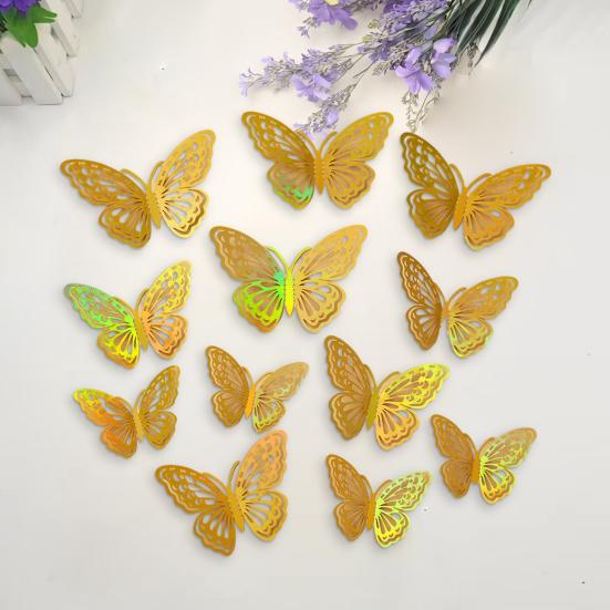 Yousheng 12 Pcs 3D Butterfly Wall Decor 3 Sizes Metallic Hollow Butterfly Decal for Birthday Party Cake Decoration Removable DIY Wall Art Mural for