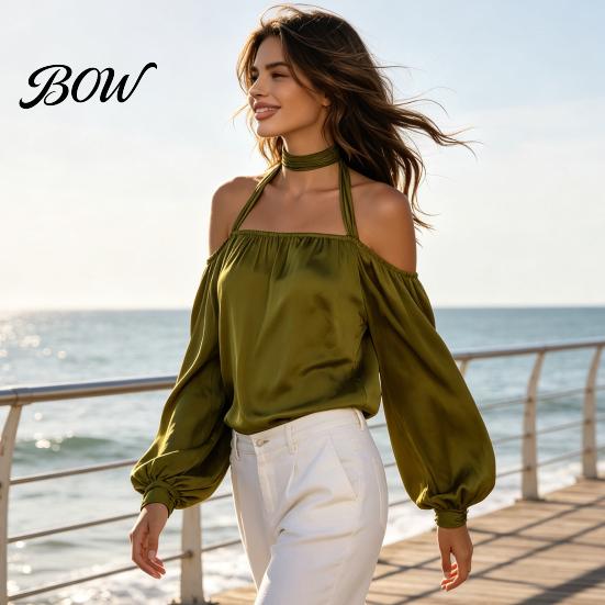 Breathable Women Shirts Summer Off-Shoulder Shirt, Long Sleeve Casual Halter Top, Shirt Solid Color Loose Satin Blouse for Daily Office