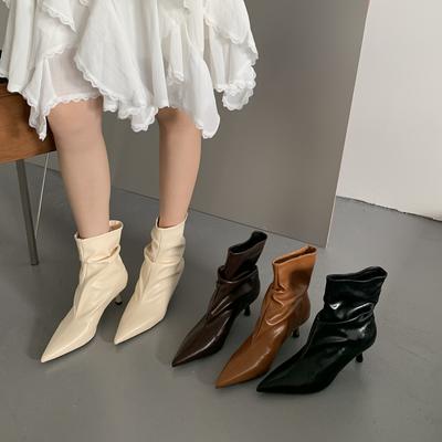 Зима Новый Бренд Женские Короткие Ботинки Мода Плиссированный Острый Носок Слипоны Тонкий Высокий Каблук Дамские Элегантные Челси Туфли