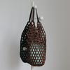 Bolsa de Contas de Madeira Tecida à Mão com Patchwork de Couro Boho Chic Balde Tote Feminina Abertura Superior Transversal Ombro