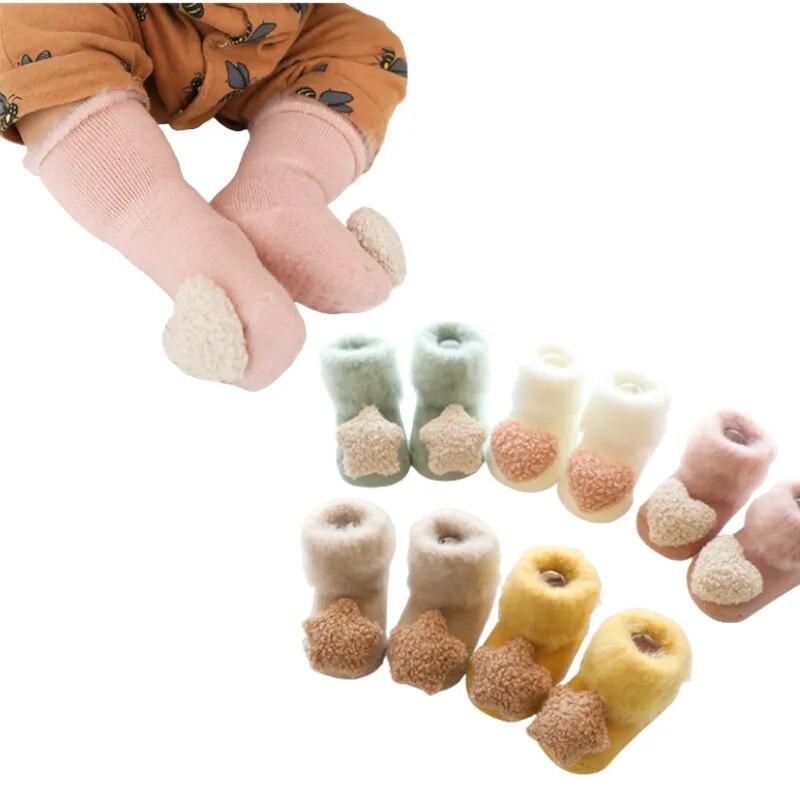 Зимние толстые детские махровые носки, теплые хлопковые милые носки для новорожденных мальчиков и девочек, нескользящие носки-тапочки для детей 0-1 года