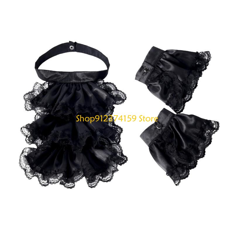 G5AE Victorian Colonial Jabot Set Ruffled Lace Necktie Collar with Wrist Cuffs Set