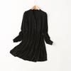Export Fashion OEM Goods French Style Retro V-neck Noil Poplin Dress Loose Slim Looking Ruched Artificial Cotton Black Dress