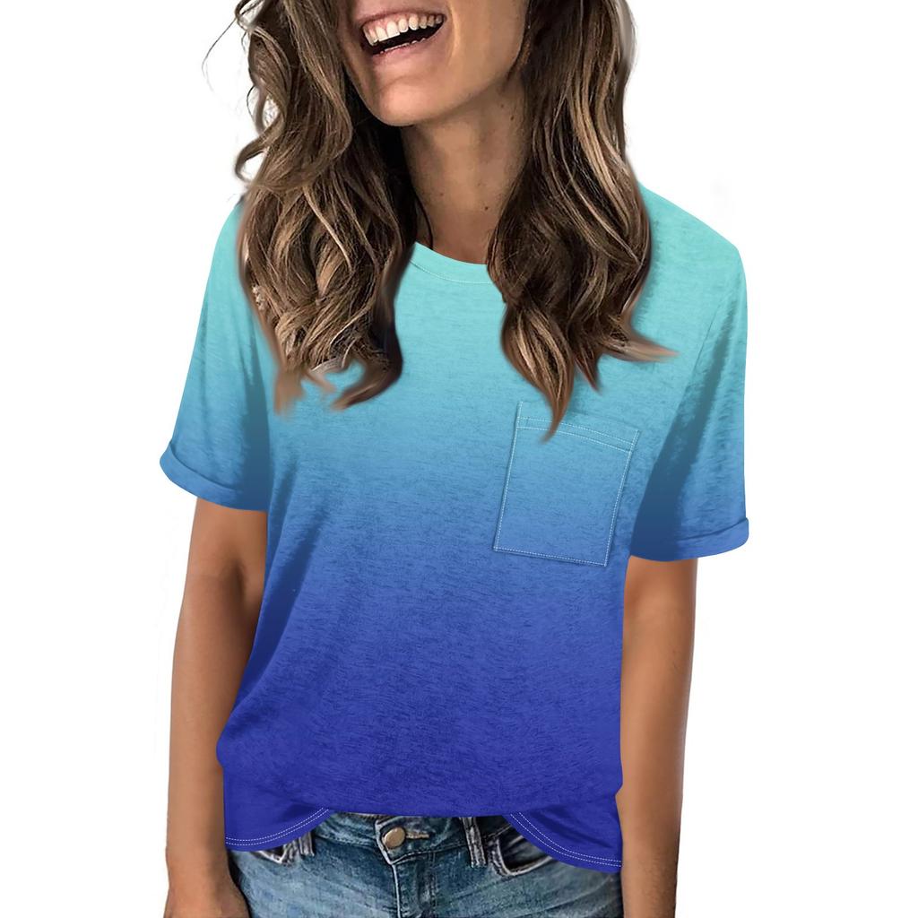 Women's Pocket Gradient Print Summer Short Sleeve Round Neck Casual Loose T-shirt Top