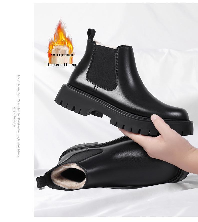 Men's British-Style Chelsea Boots: Thick-Soled, Height-Enhancing, Genuine Leather, Slip-On, Mid-High Top, Autumn/Winter Martin Boots.