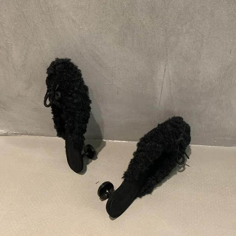 Модные женские модные элегантные тапочки с круглым носком из овечьей шерсти, зимние уличные туфли на высоком каблуке для банкета, плюшевые туфли для женщин Zapatillas Mujer