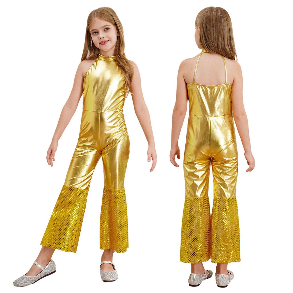 Girl Fancy Dress Up Metallic Sequins Movie Star Singer Bodysuit 70s Disco Dance Retro Cosplay Jumpsuit High Waist Jazz Dancewear