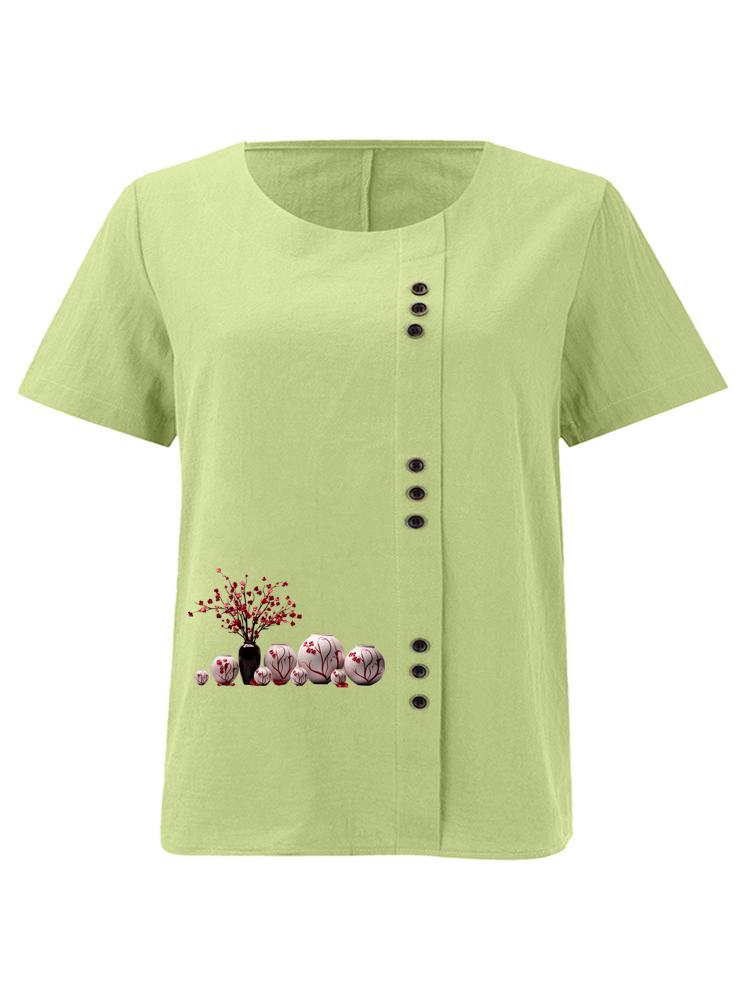 Women's Fashion Vase Print Casual Cotton Linen Short Sleeve Round Neck T-shirt Shirt Leisure Loose Summer Blouse Tops