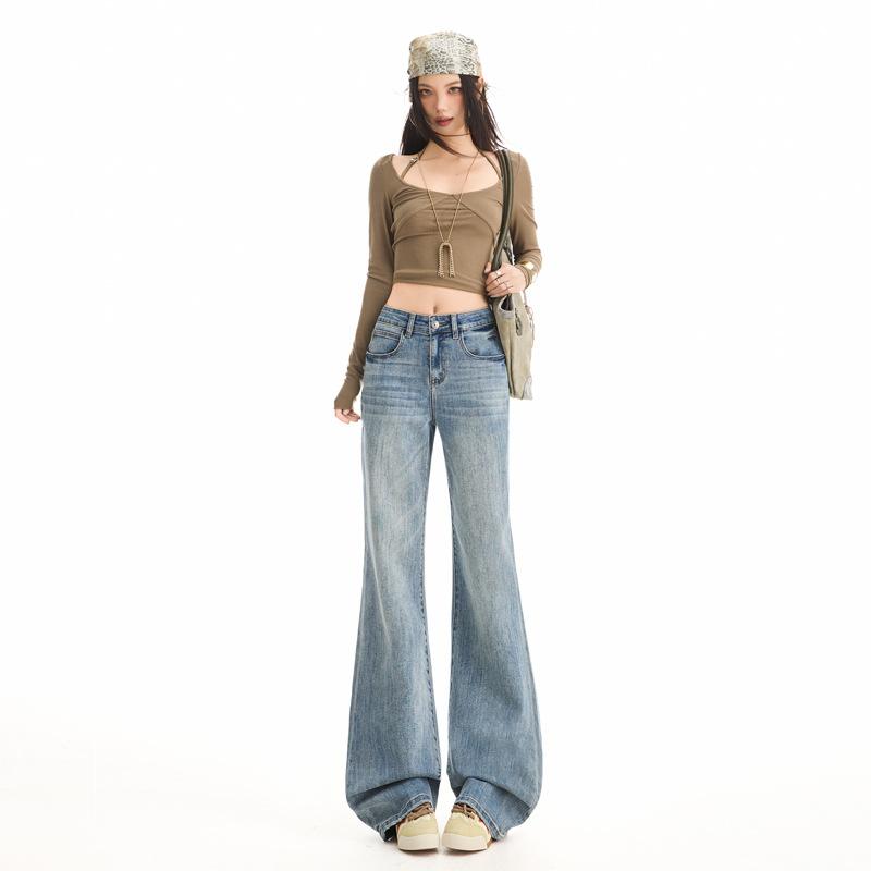 Dark blue and gray micro-pull jeans women's autumn new Spice Girl high-waisted elastic and thin versatile horn pants