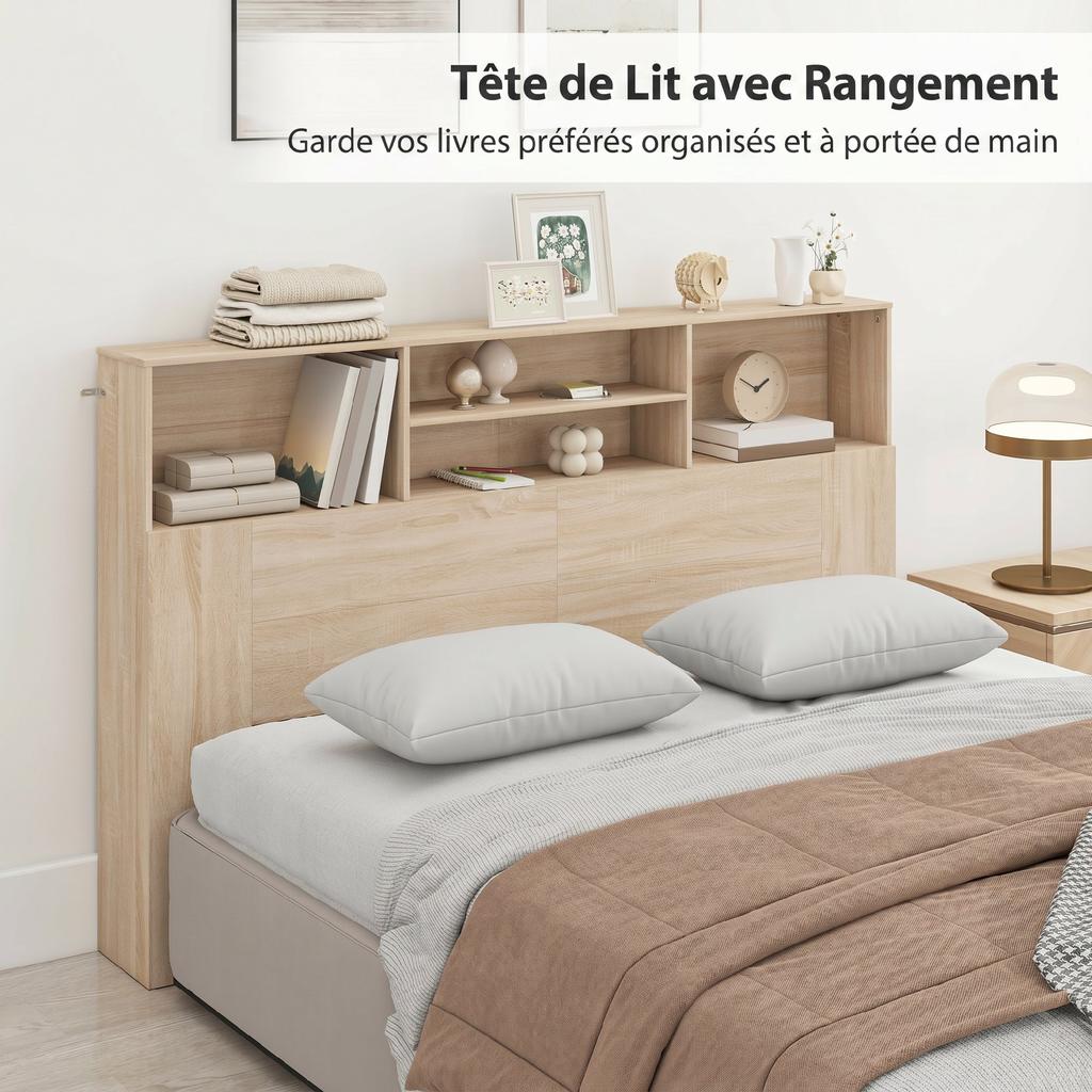 Freestanding Headboard with Storage, 4 Open Compartments, 160 x 20.2 x 108.2 cm, Natural Wood