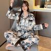 Весна-Осень Мягкий женский пижамный комплект из 2 предметов из искусственного шелка с пуговицами, кардиган, черная пижама с цветочным принтом для девочек