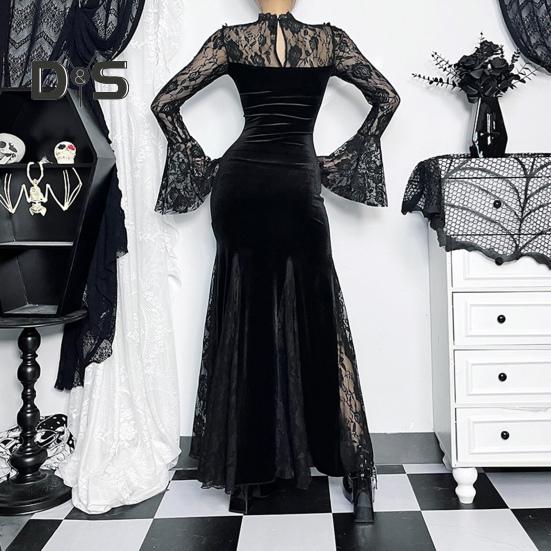 Женское платье для косплея в темном стиле, костюм для Хэллоуина, кружевное лоскутное шитье, цветочная вышивка, рыбий хвост, подол, длинные рукава, узкая талия, трапециевидная форма.