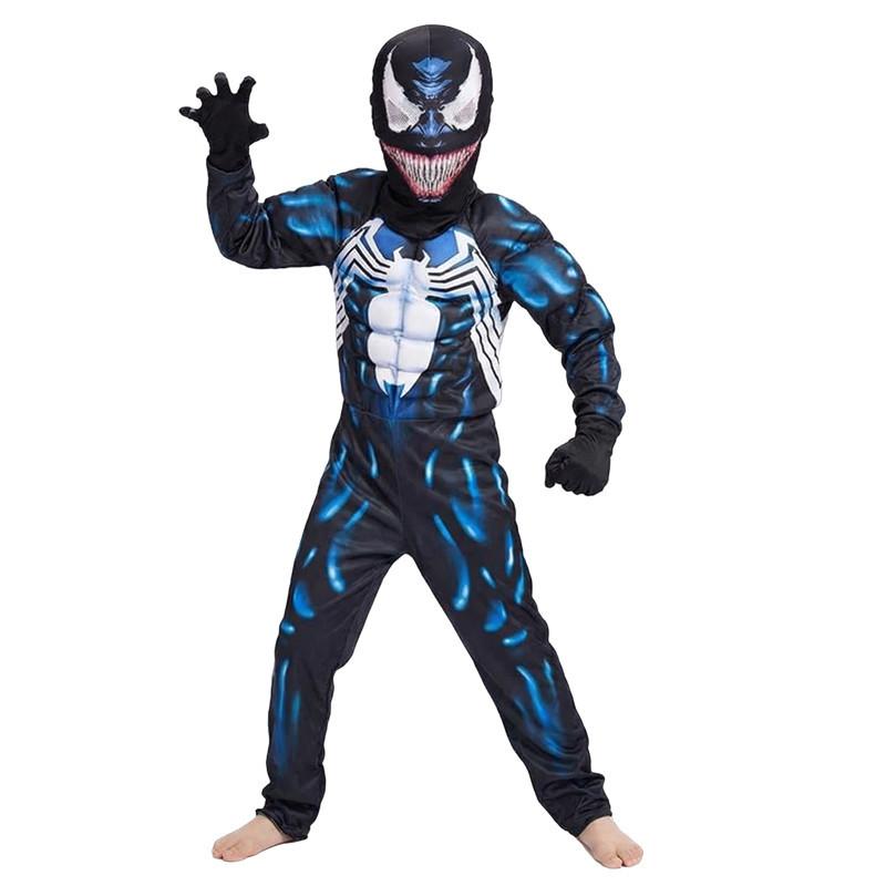 Kids Venom Spider Superhero Muscle Costume Halloween Mask Cosplay Outfit Boys and Girl Festival Performance Costumes with Gloves
