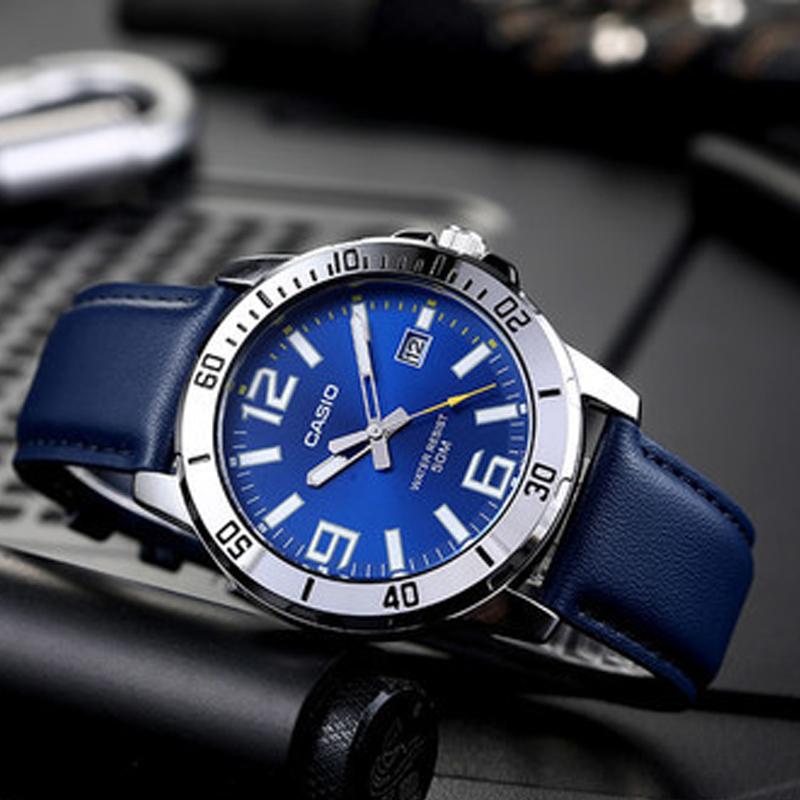 Casio Серия STANDARD водонепроницаемый указатель бизнес кварцевый механизм кожаный ремешок японские и корейские часы мужские часы синий циферблат MTP-VD01L-2BV