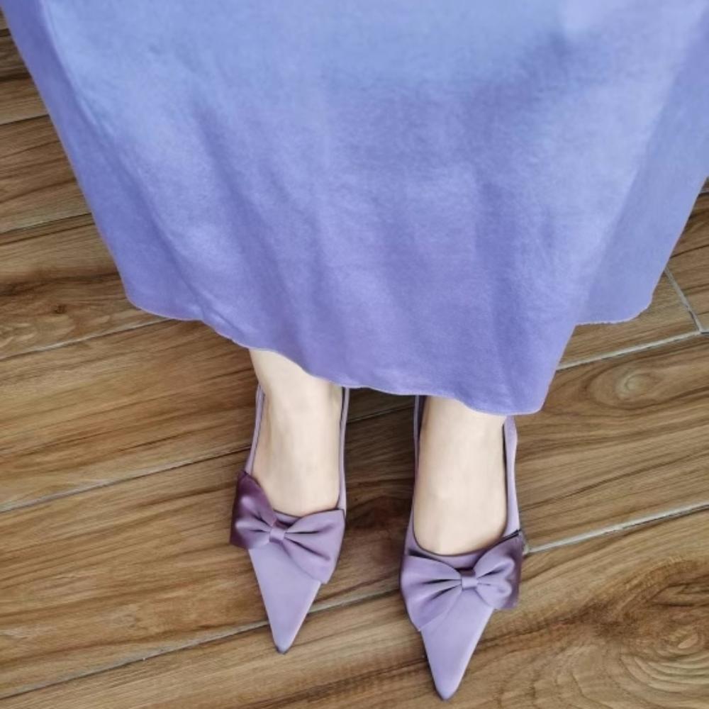 Женские босоножки Фиолетовый темперамент Атласный бант Острый задник Пустые босоножки Женские новые остроносые туфли на шпильках Женская обувь