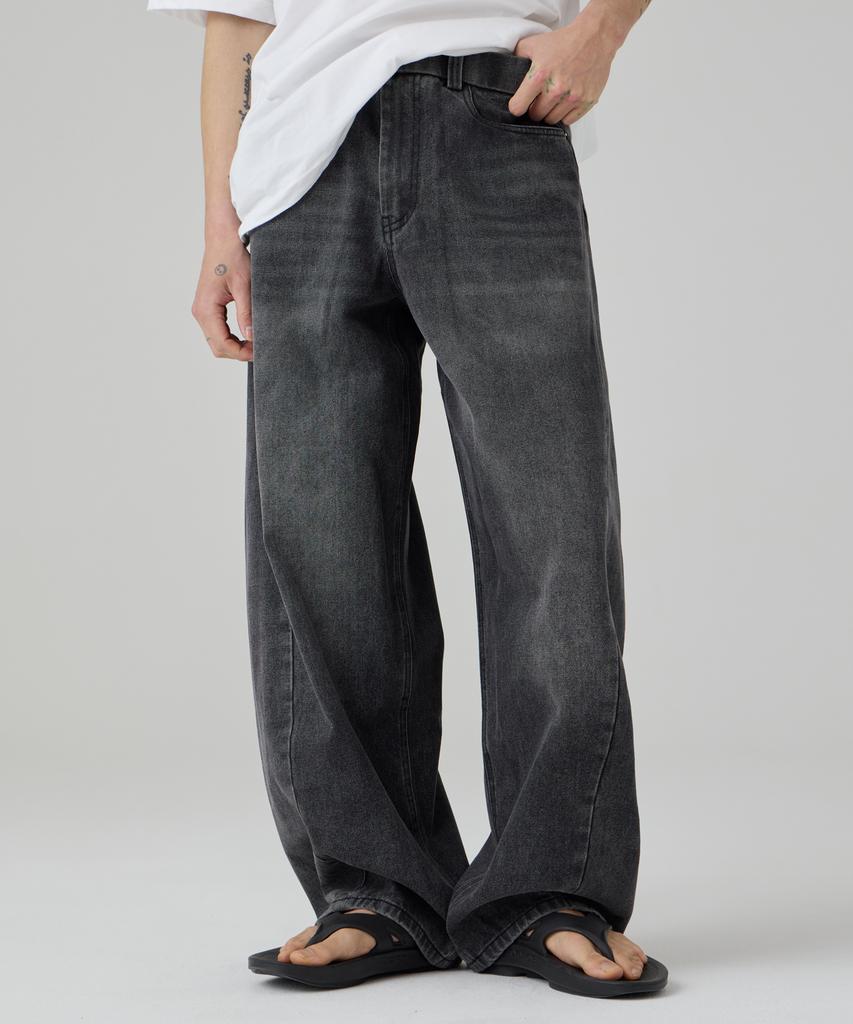 AOTT Washed Elastic Waist Curved Denim Pants Black Denim