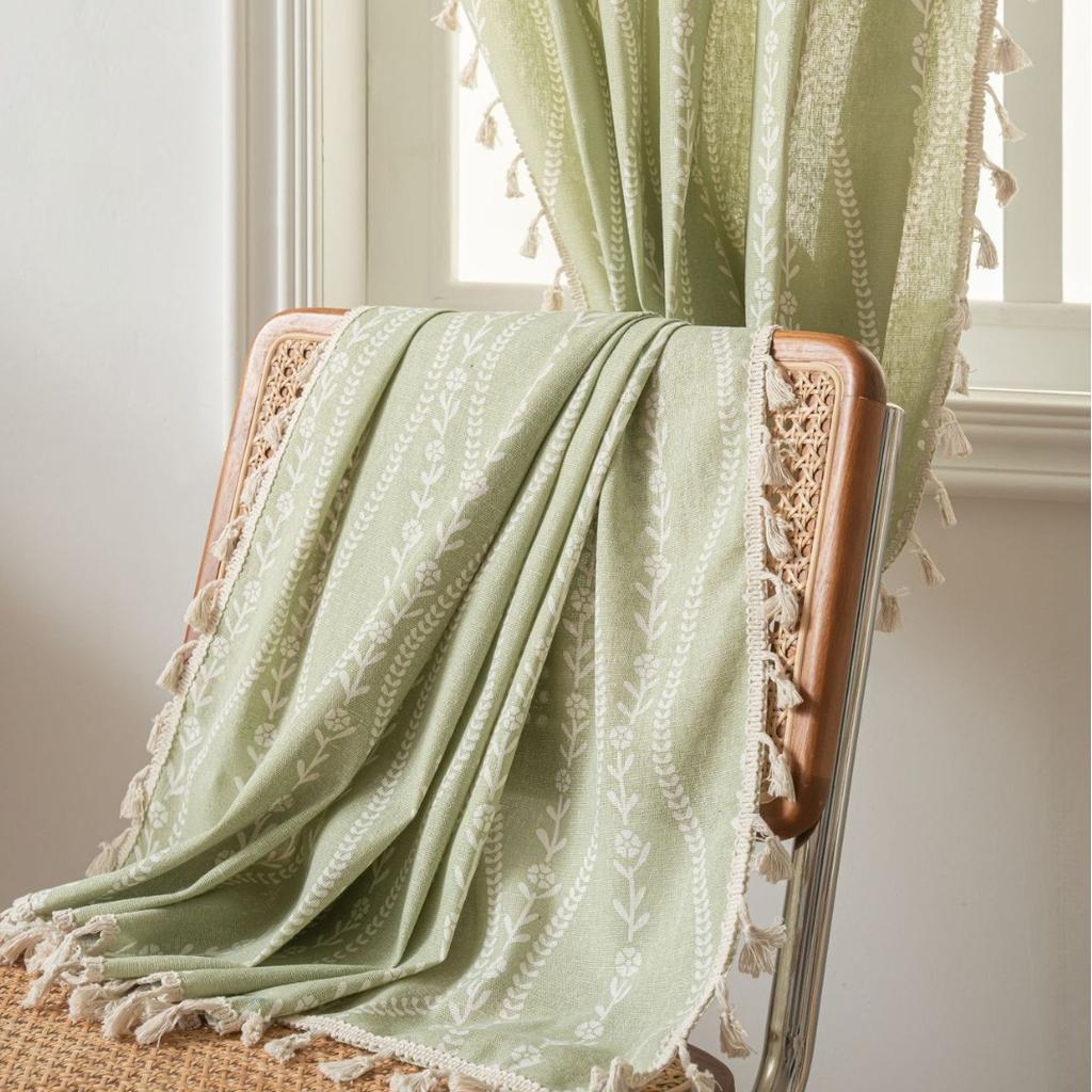 Полосатые Цветочные Бохо Шторы для Спальни Гостиной, Богемные Винтажные Кисточки Оконное Убранство Драпировка для Домашнего Декора Карман для Карниза, 1 шт.