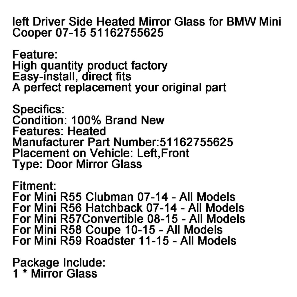 Левое зеркальное стекло с подогревом для водительской стороны BMW Mini Cooper 07-15 51162755625