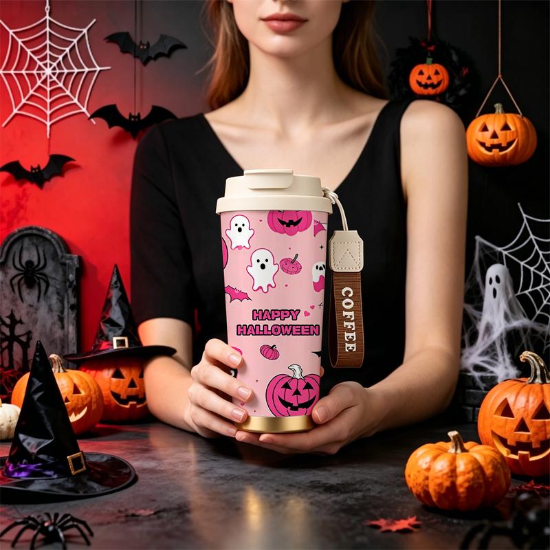 532ml Coffee Cup Halloween Pumpkin Ghost Bat MotifCar Portable Cup Metal Travel Cup Commuter Coffee Cup