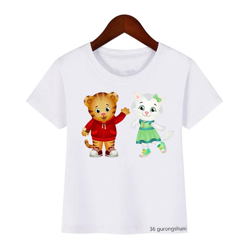 Модная детская футболка, милая футболка с мультяшным принтом Daniel Tiger's Neighborhood для мальчиков, летние футболки в стиле Харадзюку для девочек, белые топы