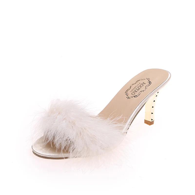 Women's Shoes Summer New Hairy Pionted Toe Women's High Heel Slippers Fashion Dress Party Ladies Slingbacks Mule Shoes