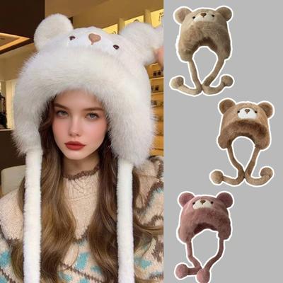 Женская шапка однотонная утолщенная плюшевая шапка-медведь теплая шапка с функцией защиты ушей зимняя уличная повседневная велосипедная шапка-ушанка