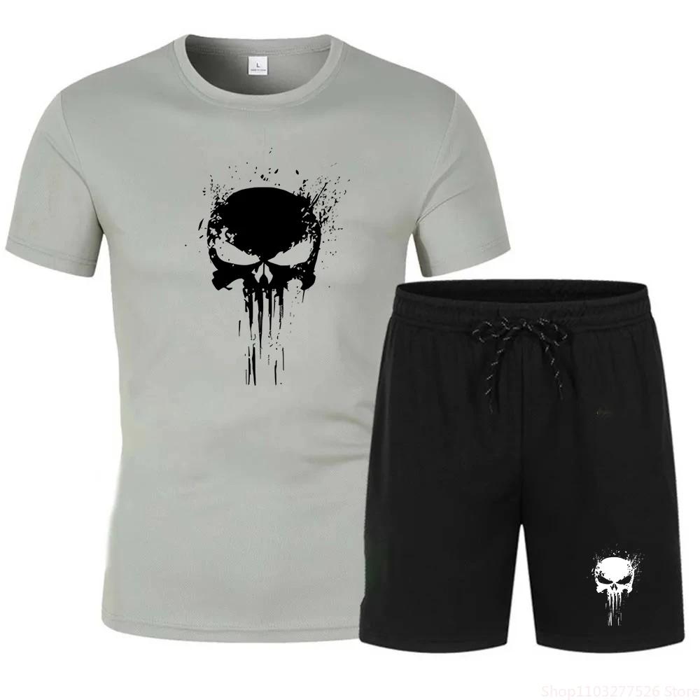 Мужская спортивная одежда с принтом черепа, футболка с короткими рукавами и шорты, комплект из двух предметов спортивной одежды для езды на велосипеде и бега трусцой.