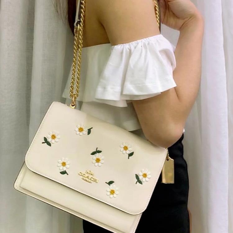 Coach Klare 21 Floral Flap Chain Daisy Embroidery Leather Accordion Shoulder Bag Women Shoulder Bag White C2858-IMCAH