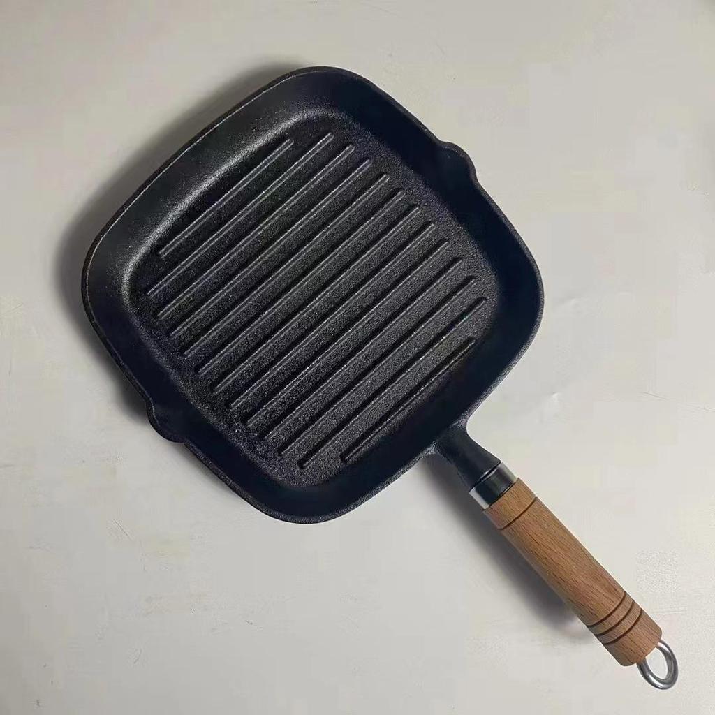 Cast Iron Steak Frying Pan with Wooden Handle, Uncoated and Thickened, Striped Surface.
