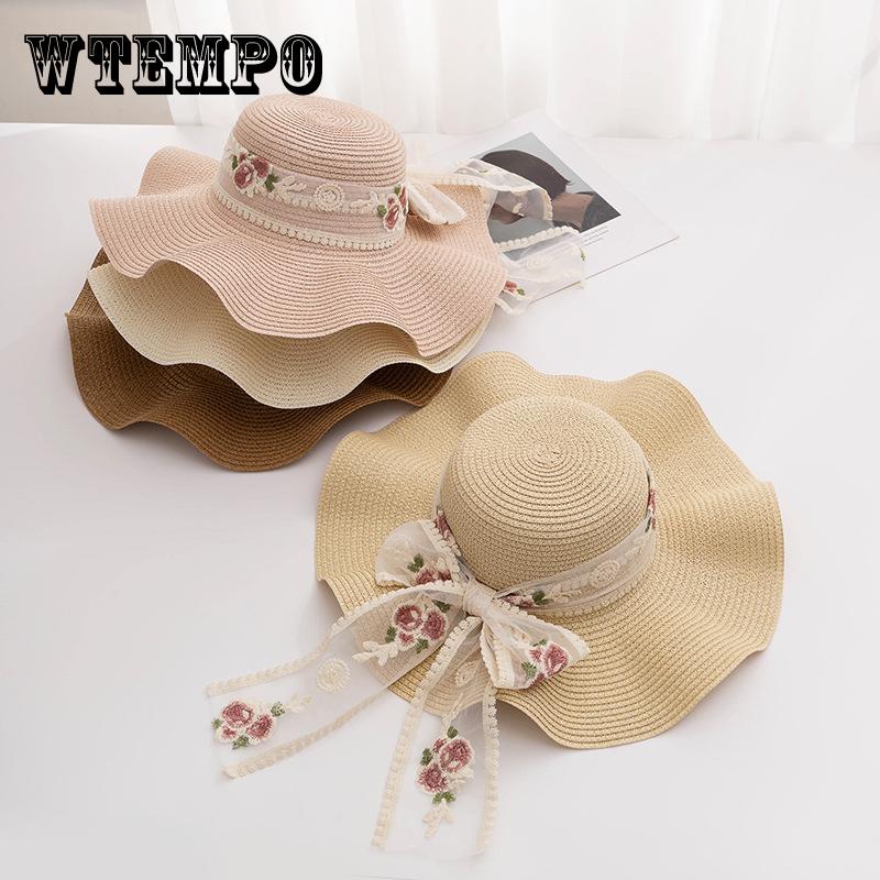 Straw Wide Brim Sun Hat Bowknot Breathable Lace Up Beach Hats Sun Protection Elasticity Hat for Women