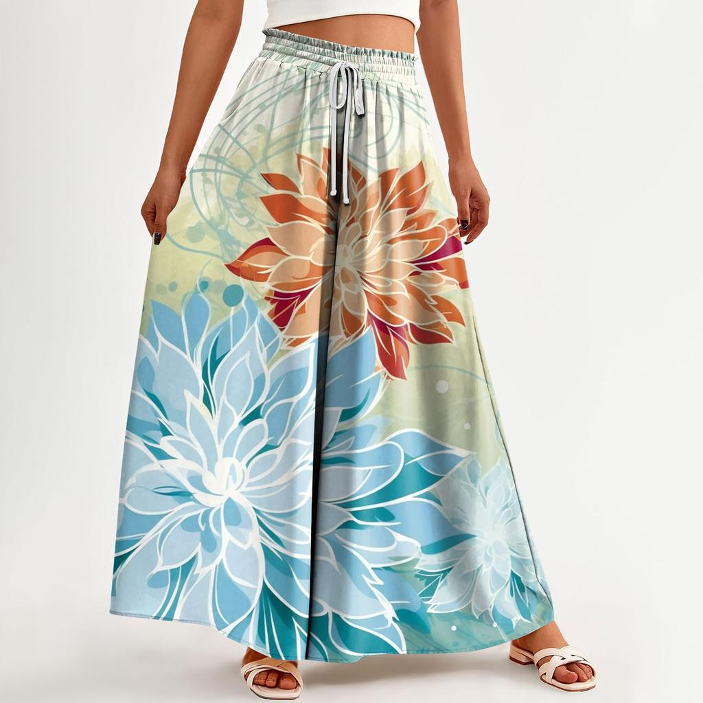 Женские широкие брюки с высокой талией, летние повседневные струящиеся брюки-палаццо, пляжные брюки с цветочным принтом и карманом