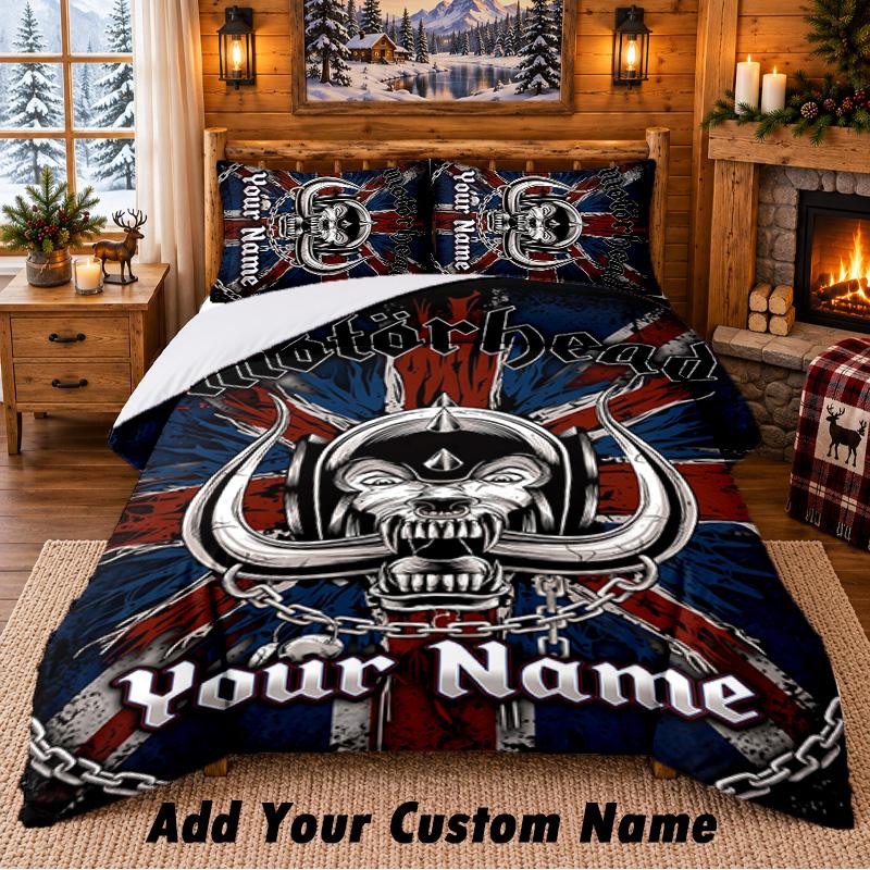 Motorhead Pattern Bedding 3Pcs Set Custom Name, Bed Sheet And Pillowcases For Home Bedroom