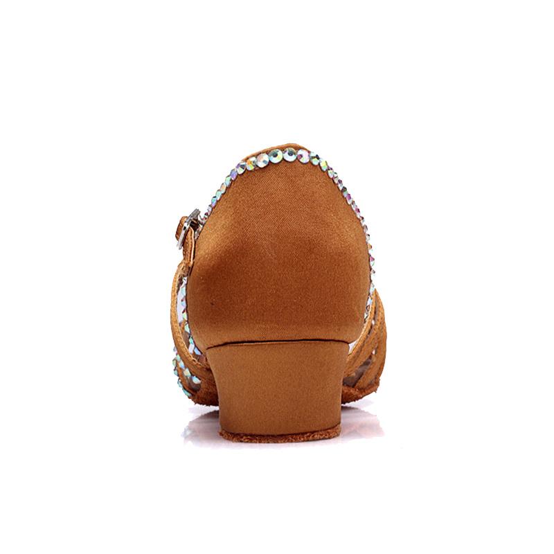 Женская атласная обувь для латинских танцев для девочек, детская танцевальная обувь для бальных танцев и сальсы на низком каблуке со стразами