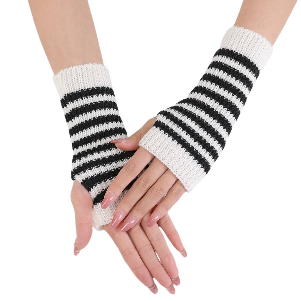 Color Blocked Thin Strip Gloves for Women Autumn and Winter Knitted Wool Sleeves Warm and Cold Proof Fashionable Fingerless Arm Sleeves