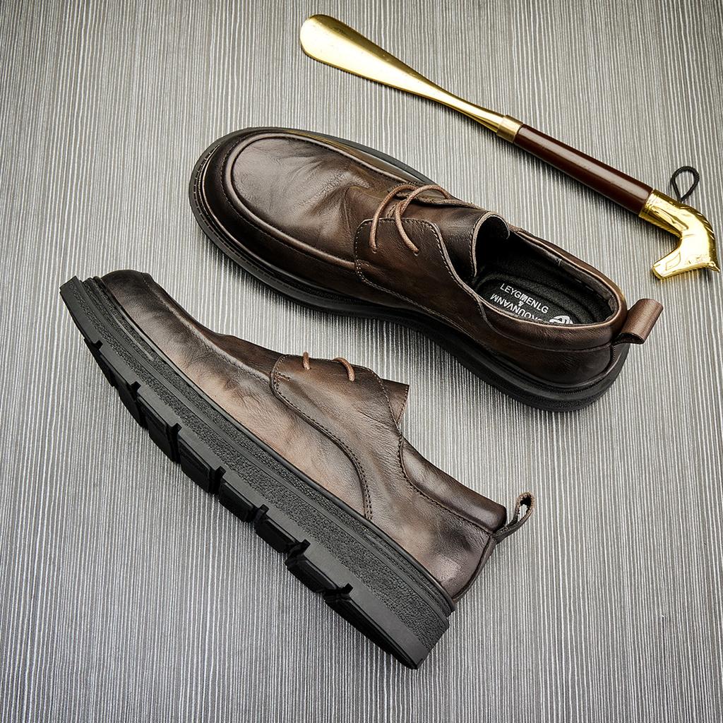 Повседневная кожаная обувь мужская из натуральной кожи в британском стиле на толстой подошве дышащая зеленая деловая обувь на шнуровке круглая мягкая подошва модная мужская обувь