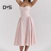 Женское платье с глубоким вырезом на тонких бретельках и открытой спиной без рукавов А-силуэта, большие качели, чистый цвет, тонкая талия, плиссированное платье миди для коктейльной вечеринки, выпускного вечера