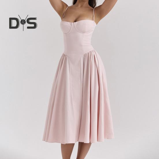 Женское платье с глубоким вырезом на тонких бретельках и открытой спиной без рукавов А-силуэта, большие качели, чистый цвет, тонкая талия, плиссированное платье миди для коктейльной вечеринки, выпускного вечера