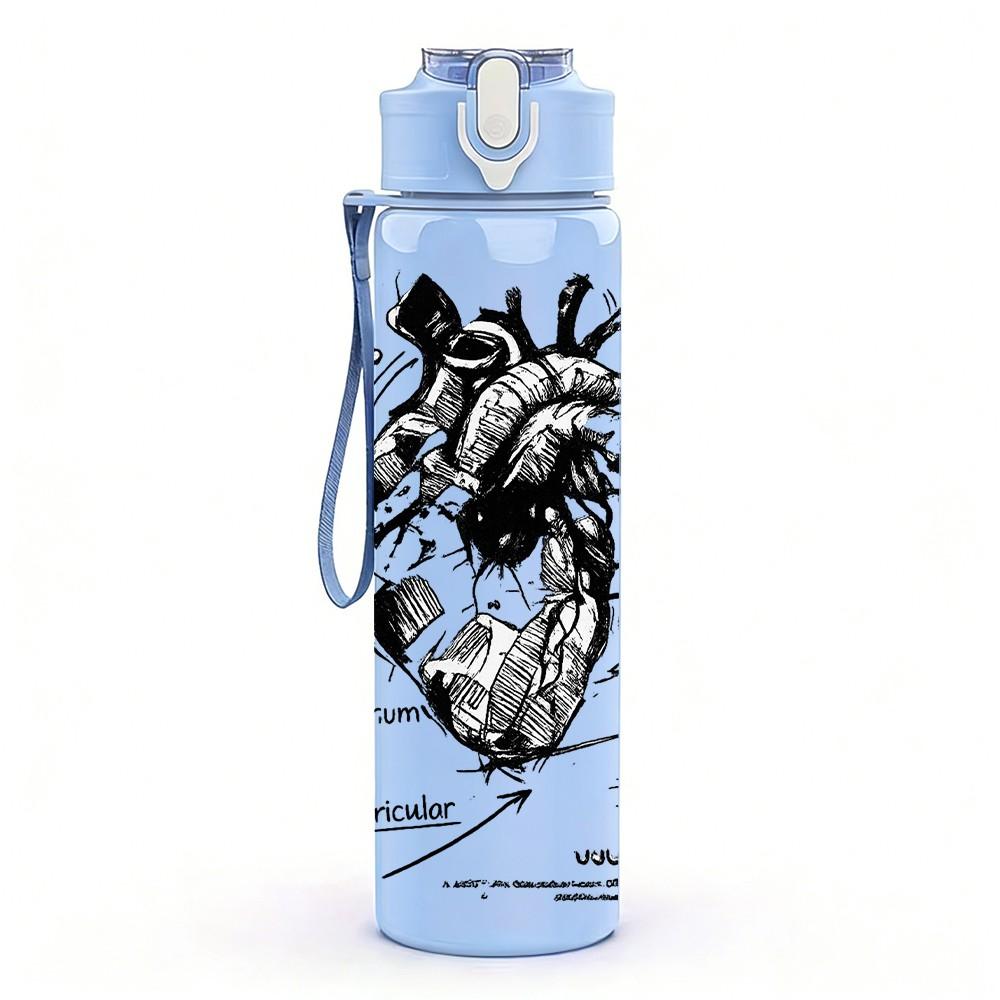 1PC Anatomical Heart Sketch Line Art Print 750ml Color Plastic Sports Water Bottle Leakproof Flip Straw Lid Suitable for Sports Office Home Use