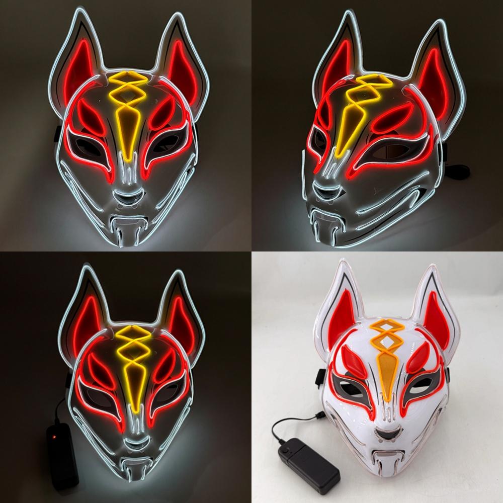 Japanese Kabuki Fox LED Mask Neon Light Up Full Face Mask Anime Cosplay Costume Halloween Carnival Festival Haunted House Props