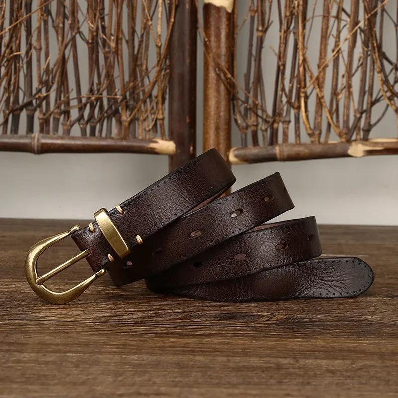 2.3 см чистая коровья кожа высокого качества натуральная кожа ремни для женщин медная пряжка модный винтажный женский тонкий ремень джинсы ковбойские чинтос