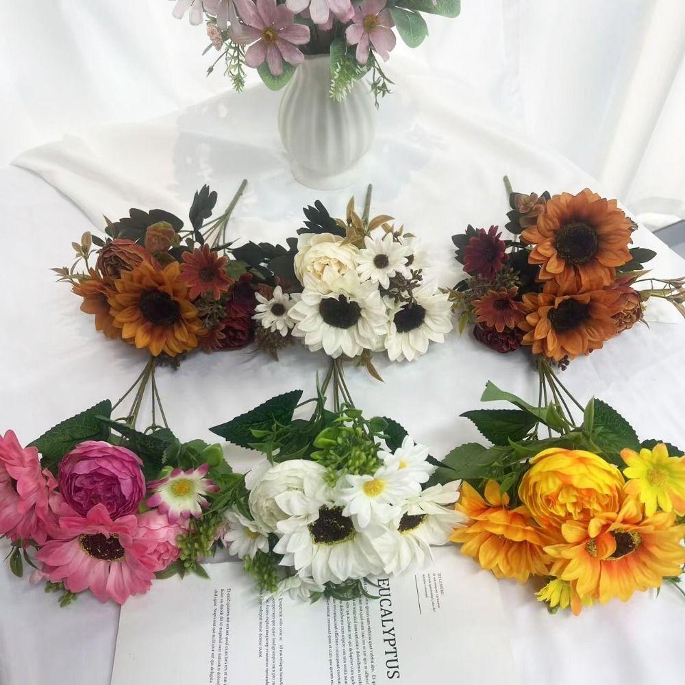 Multicolor Sunflower Artificial Flower Green Leaves DIY Faux Daisy Peony Flower Photo Props Accessories Simulation Sunflower